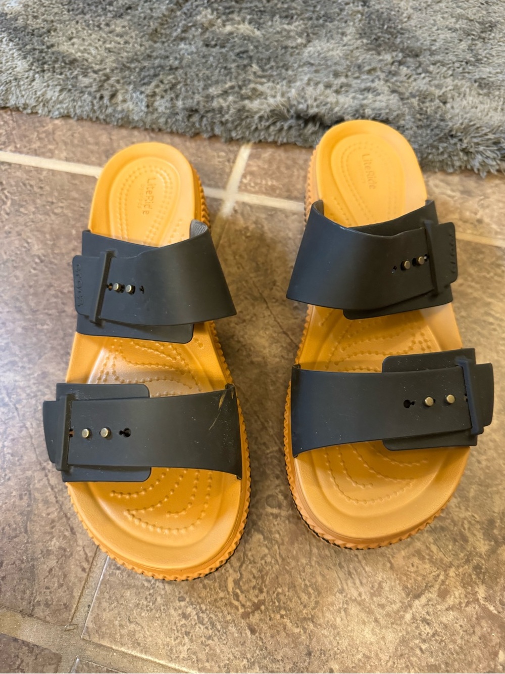 CROCS Black Strap Sandals with Tan Footbed